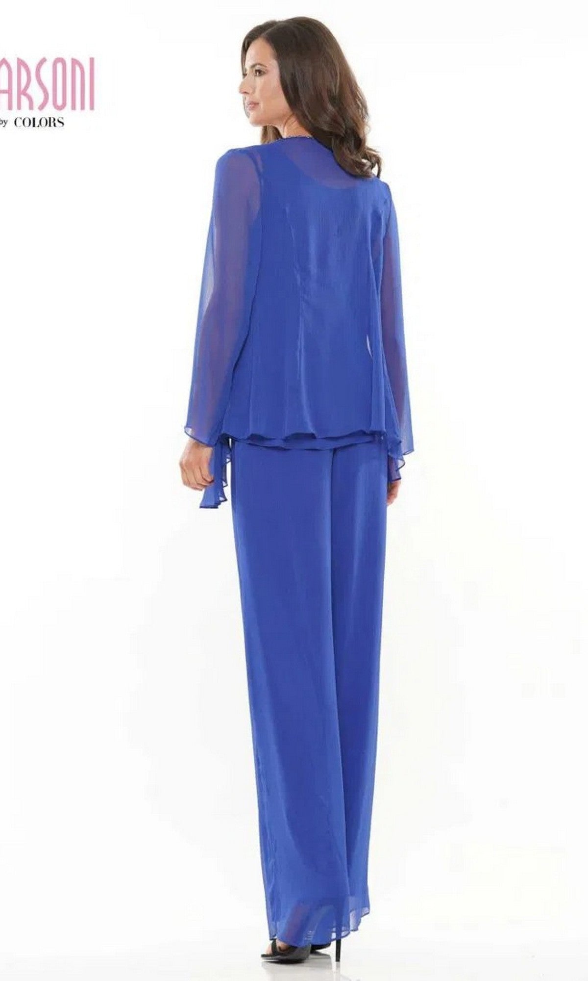 A woman faces away, wearing the Marsoni M304 Long Formal Pantsuit with a sheer long-sleeve top and wide-leg chiffon pants, set against a plain white background.